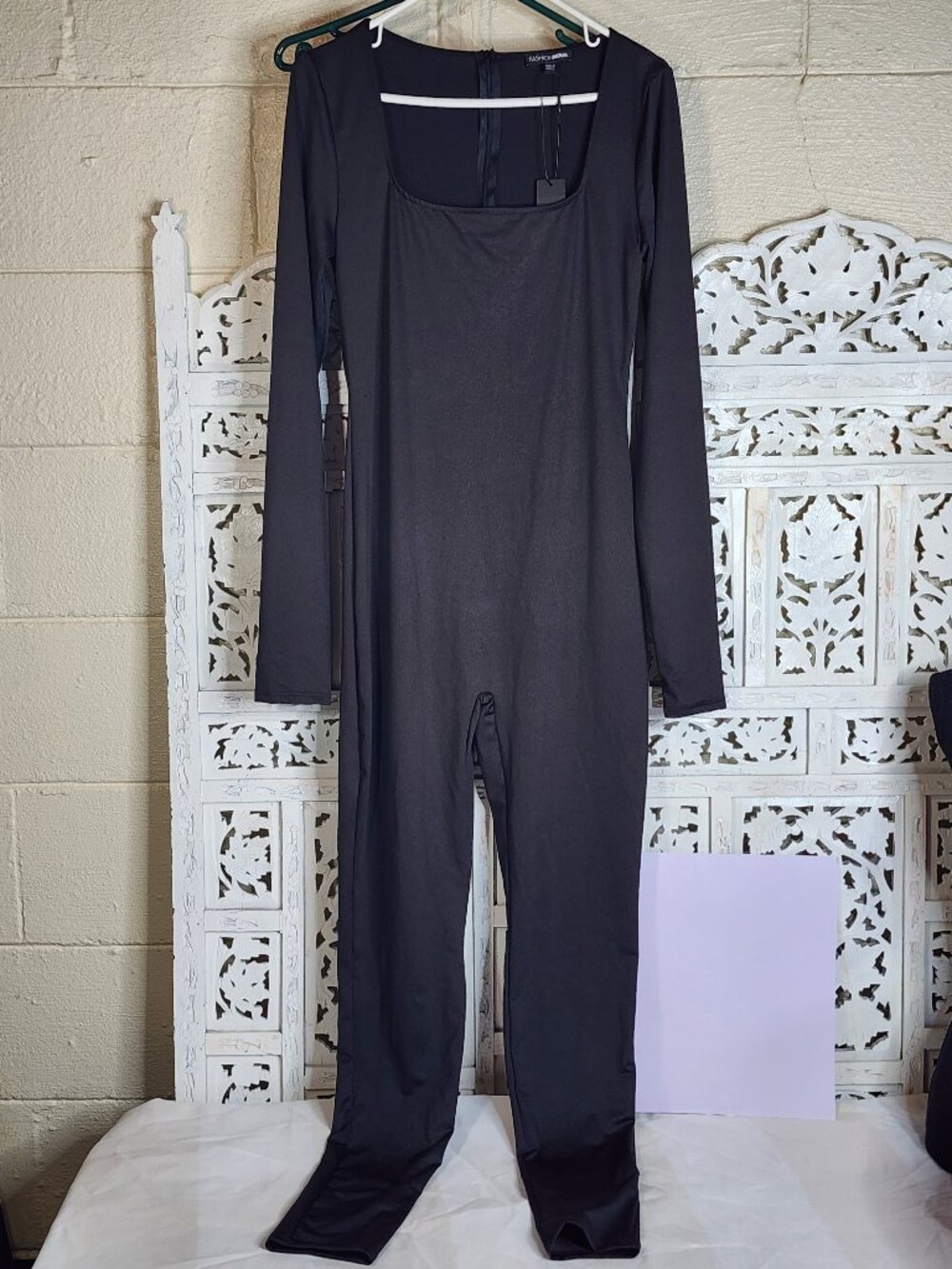 Fashion Nova Black Poly Span Sydney Skinny Square Neck Zip Back Catsuit Size L